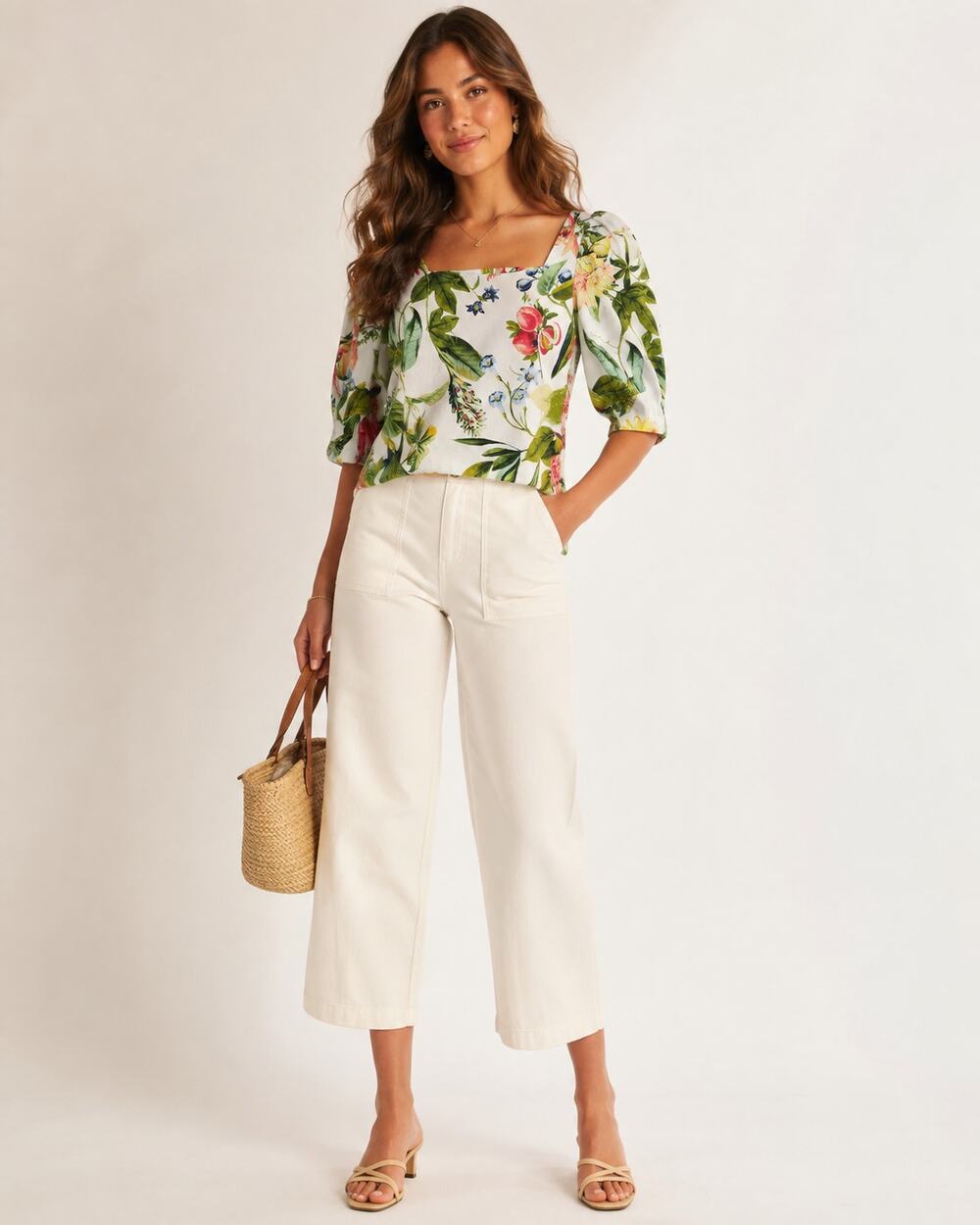 Chicos White Green Botanical Print Puff Sleeve Blouse Womens S Romantic Summer